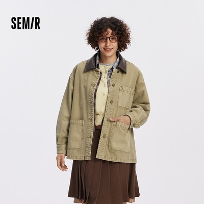Semir Cotton Thoáng Khí Denim Áo Khoác Nữ Dài Quá Khổ Giả Da Cổ Vintage Rửa 2026