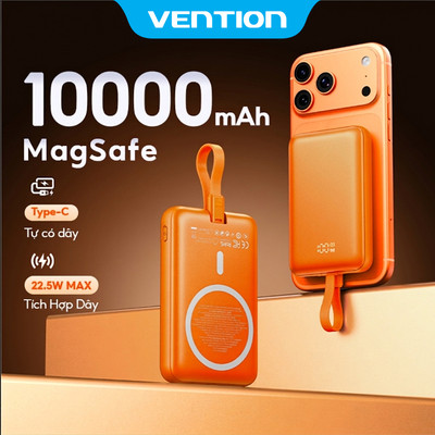 【Hàng mới 2026】Vention Sạc Dự Phòng Màu Cam, Hỗ Trợ Sạc Nhanh Không Dây 15W, Sạc Dự Phòng Từ Tính 10000mAh Cao Cấp Mini, Tương Thích iPhone  Samsung Huawei OPPO Vivo, Hàng Chính Hãng.