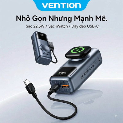 【Hàng mới 2026】Vention Sạc Dự Phòng 10000mAh – Thiết Kế Siêu Nhỏ Gọn Kèm Dây Đeo Type-C Tích Hợp, Sạc Nhanh 22.5W, Tương Thích Đồng Hồ iWatch & Được Phép Mang Lên Máy Bay, Bảo Hành Chính Hãng