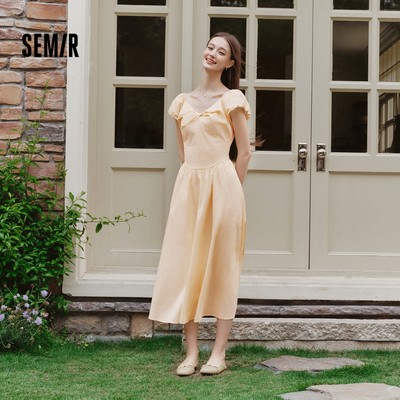 Semir Họa Tiết Chữ A Đầm Nữ Tay Phồng Cao Cấp Xoắn Mặt Trước Chảy Vintage 2026