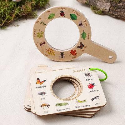 Kính lúp bằng gỗ cho trẻ em + Bộ thẻ quan sát côn trùng Đồ chơi khám phá thiên nhiên với thẻ nhận dạng bọ Phiêu lưu ngoài trời Quà tặng học tập STEM cho trẻ mới biết đi từ 3 tuổi trở lên