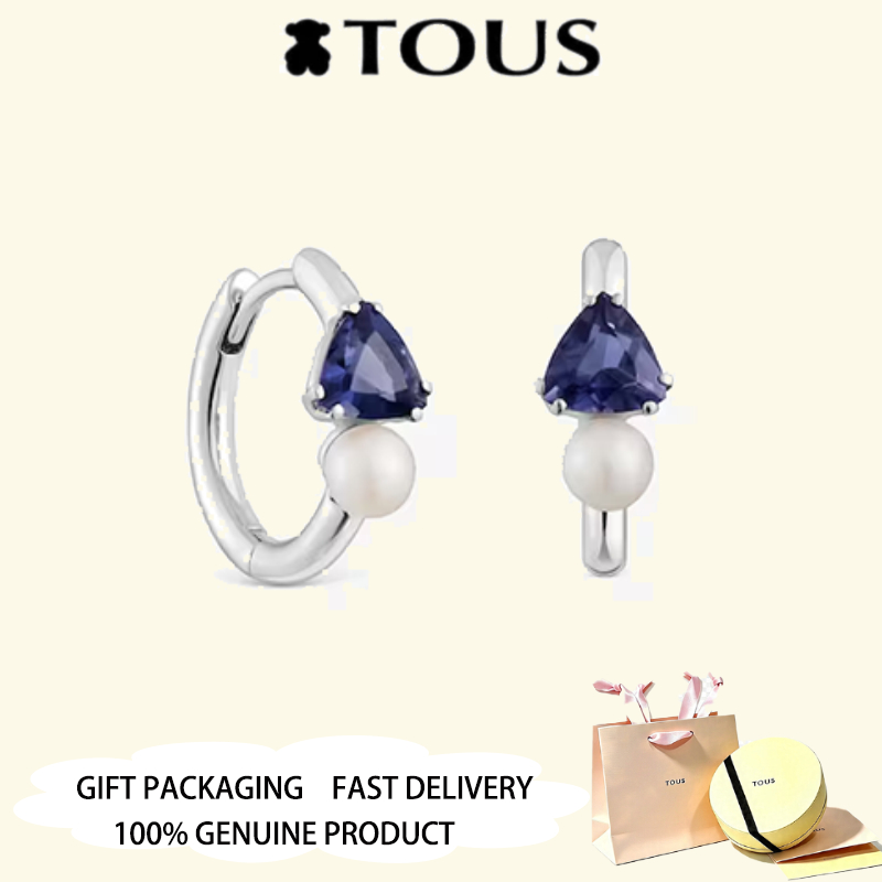 TOUS S925 Sterling Bạc Trắng Vòng Bông Tai Với iolite Và Ngọc Trai Ivette Trang Sức Kỷ Niệm Ngày Lễ 