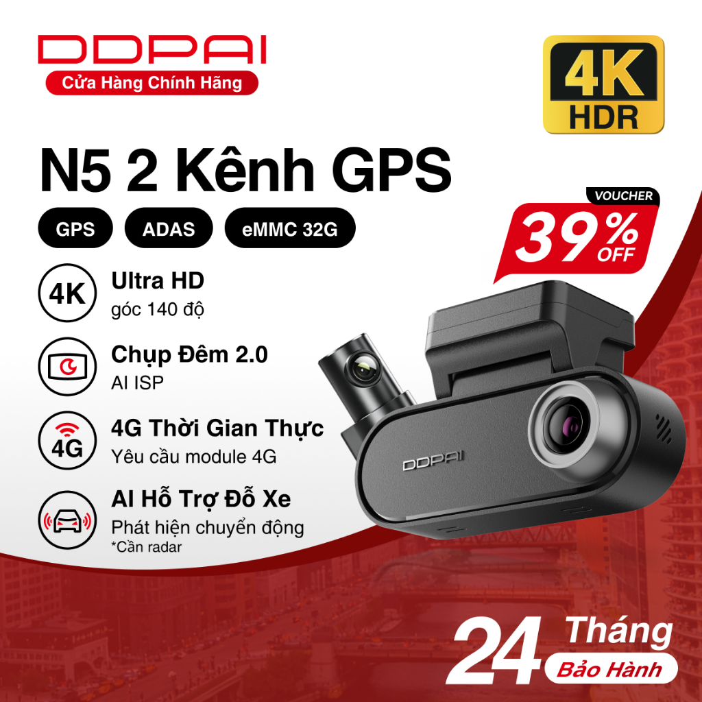 DDPAI N5 Dual 2026 Camera Hành Trình Ô Tô 4K HDR | GPS, Siêu Tụ Điện, 4G Live, Radar, Wifi, Giám Sát