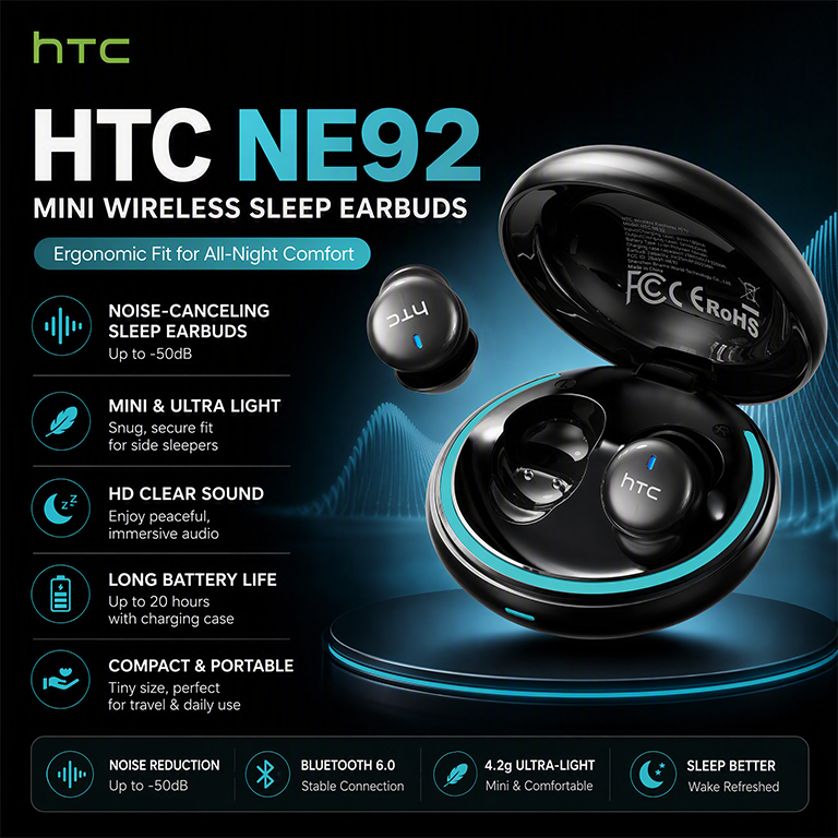 HTC NE92 Tai nghe Bluetooth Sleep 6.0 HIFI Tai nghe không dây ENC Khử tiếng ồn chủ động Thời lượng pin lên đến 80 giờ