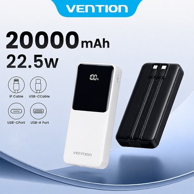 VENTION Sạc dự phòng 20000mAh Power Bank kèm cáp tích hợp 22,5W – Dây Type-C & Lightning tích hợp – Sạc nhanh PD 22.5W –Pin sạc dự phòng Màn hình kỹ thuật số – Hỗ trợ cáp kép cho iPhone 17/16/15/14/13/12/11, samsung, oppo, vivo, BH 12 tháng, Chính hãng
