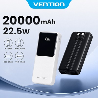 Vention Sạc Dự Phòng 20000mAh có sạc nhanh PD 22.5W - Tích Hợp Dây Type C, L - Power Bank- Công Nghệ Sạc Nhanh -Màn hình kỹ thuật số - Pin dự phòng cho phone 15 /14/13/12/11 XiaoMi Huawei Sansumg - Được Mang Lên Máy Bay - Hàng Chính Hãng, BH 12 tháng