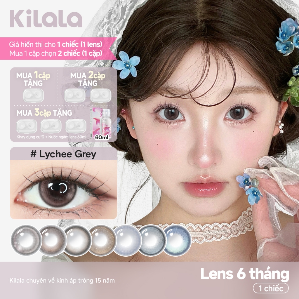 【Livestream】Kính áp tròng Kilala màu nâu White Peach Brown /Lychee Grey lens cận 6 tháng DIA 14.2-14