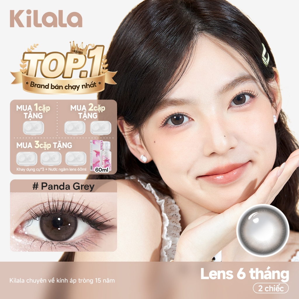 Kính áp tròng Kilala màu xám Panda Grey lens cận 6 tháng DIA 14.5mm có độ (0-8) 1 cặp