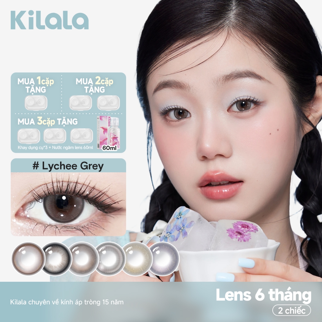 Kính áp tròng Kilala màu đen Lychee Grey/White Peach Brown/Wild Fruit Brown lens cận 6 tháng DIA 14.