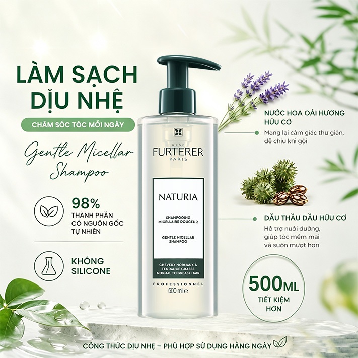 Dầu gội làm sạch dịu nhẹ không silicone, giúp tóc sạch thoáng và nhẹ bồng Rene Furterer Naturia Gent