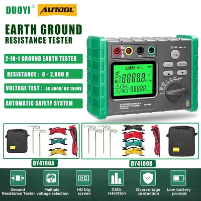 Máy kiểm tra điện trở mặt đất kỹ thuật số DUOYI DY4100A / DY4100B – 0 – 2000Ω, Đo 2 / 3 dây, Bảo vệ điện áp & quá tải AC 600V, có túi đựng dụng cụ