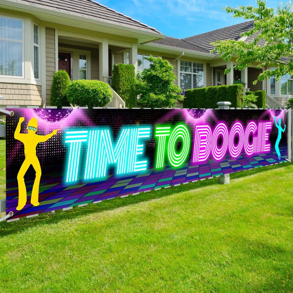 Biểu ngữ tiệc disco Thời gian để Boogie 70s 80s Neon Retro Nhảy múa Chủ đề ban đêm Sân tường Ký hiệu
