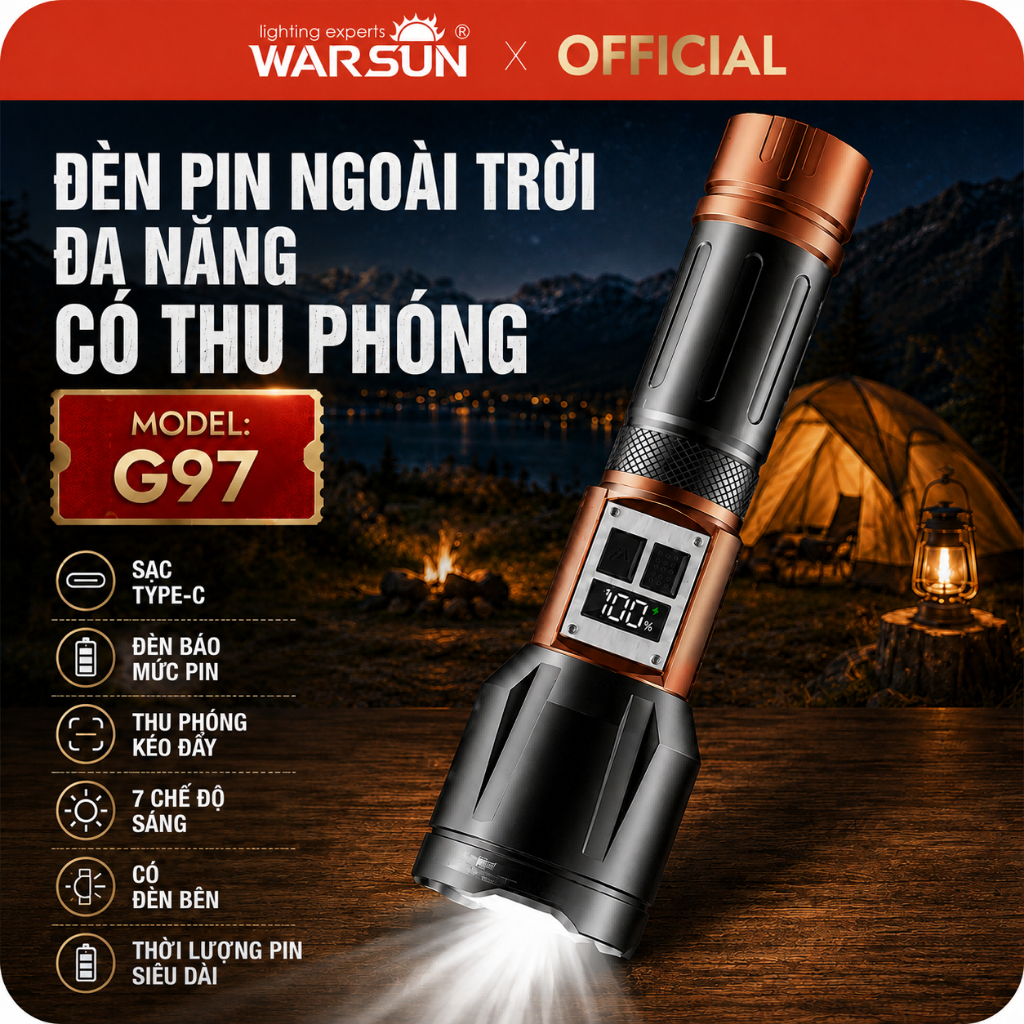 Warsun G97 Đèn pin zoom đa năng, có thể sạc lại, 7 chế độ, thích hợp cho đi bộ ban đêm