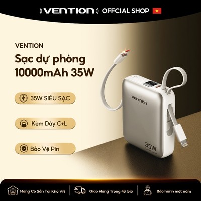 Vention Sạc Dự Phòng 10000mAh 35W - Tích hợp dây Type C + Dây Lightning