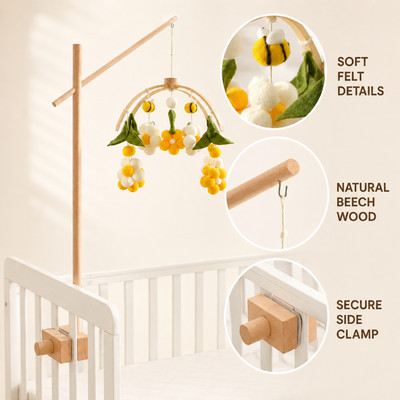Cũi Cho Bé Di Động Với Cánh Tay Gỗ Đứng Ong Mật Chủ Đề Nỉ Pom Pom Mầm Non Di Động, Xoay Đồ Chơi Treo Cho Trẻ Sơ Sinh Bassinet Quà Tặng Tắm Sơ Sinh 0-12 Tháng