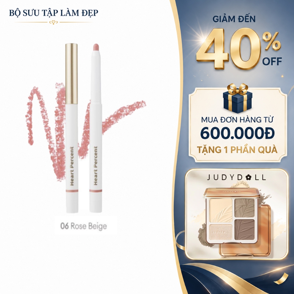 Chì Kẻ Môi Heart Percent 06 Rose Beige 20 Salmon Beige Tạo Nền Son Mịn Viền Môi Đẹp