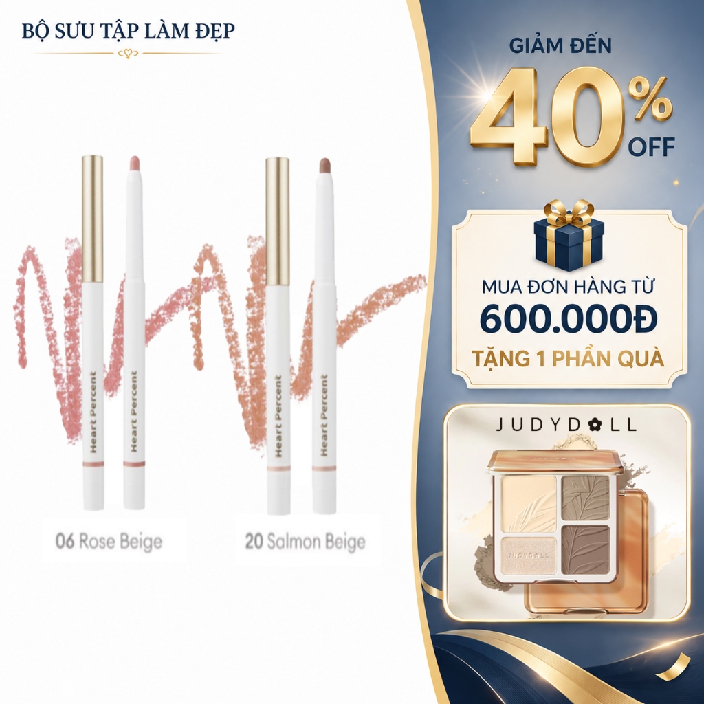 Heart Percent Lip Pencil 06 Rose Beige 20 Salmon Beige Over Lip Liner cho Fuller Lips, Màu khỏa thân