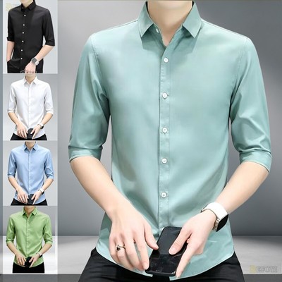 Áo Sơ Mi Nam Hàn Quốc Thường Ngày Ice Silk 3 4 Tay Chất Lượng Cao Slim Fit Chắc Chắn Kinh Doanh Ánh Sáng Xanh Hàng Đầu Văn Phòng Mặc Hàng Ngày SWJ6