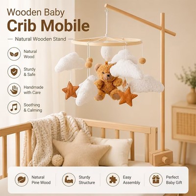 Bộ di động nôi bằng gỗ cho bé, Đồ chơi treo gấu & đám mây sang trọng có giá đỡ kẹp có thể điều chỉnh cho trẻ mẫu giáo Chơi quà tặng Giáng sinh cho trẻ sơ sinh