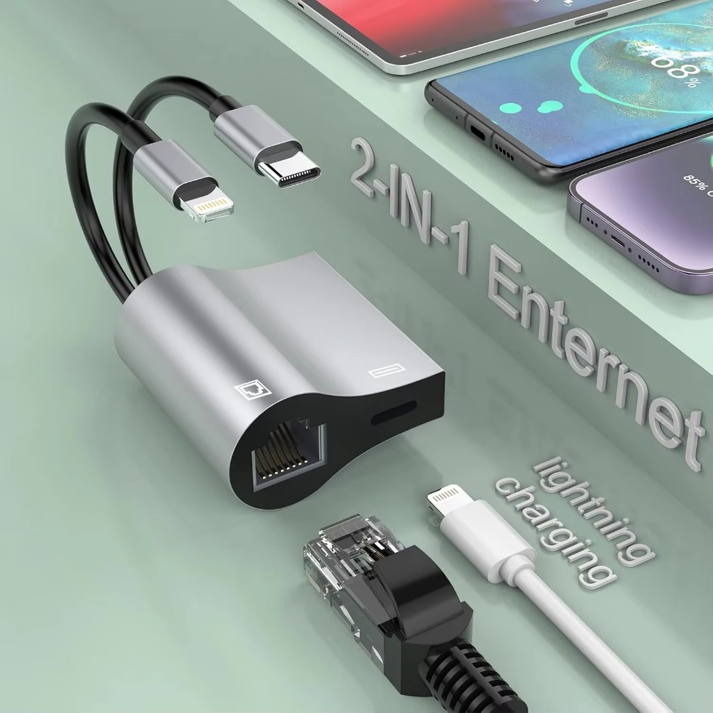 Lightning / USB C sang Ethernet RJ45 Mạng LAN 100Mbps có cổng sạc cho iPhone 14 13 / iPad / Pod MacB
