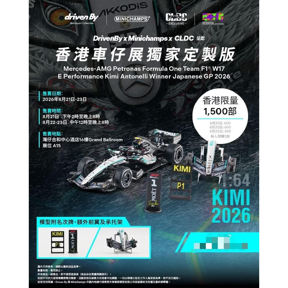 Minichamps1: 64 Mercedes-AMG PETRONAS Formula One Team F1 W17 E Performance Kimi Antonelli Winner Xe
