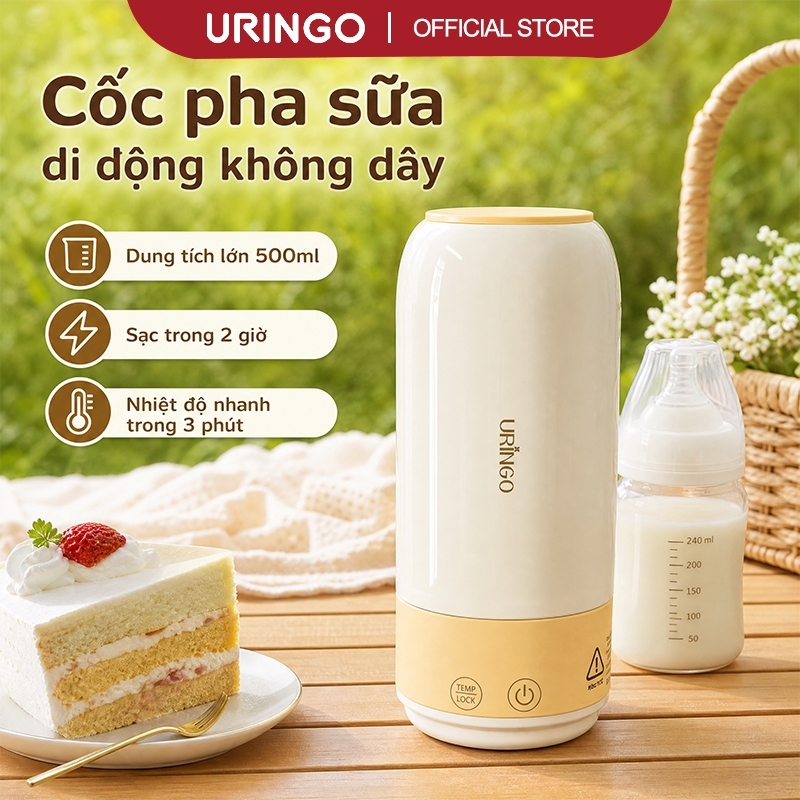 Ấm đun nước cầm tay không dây URINGO, cốc hâm nóng chất lỏng, làm nóng nhanh trong (500ml)