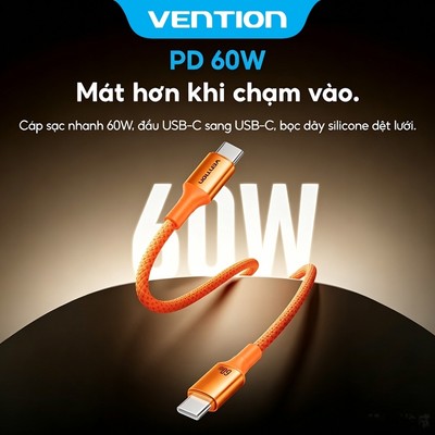 Vention Dây Cáp Sạc Nhanh PD 60W USB-C Dây Bện Chống Đứt Chống Rối Truyền Dữ Liệu 480Mbps Sạc Nhanh Cho iPhone 15 16 17 Samsung Xiaomi Oppo MacBook iPad