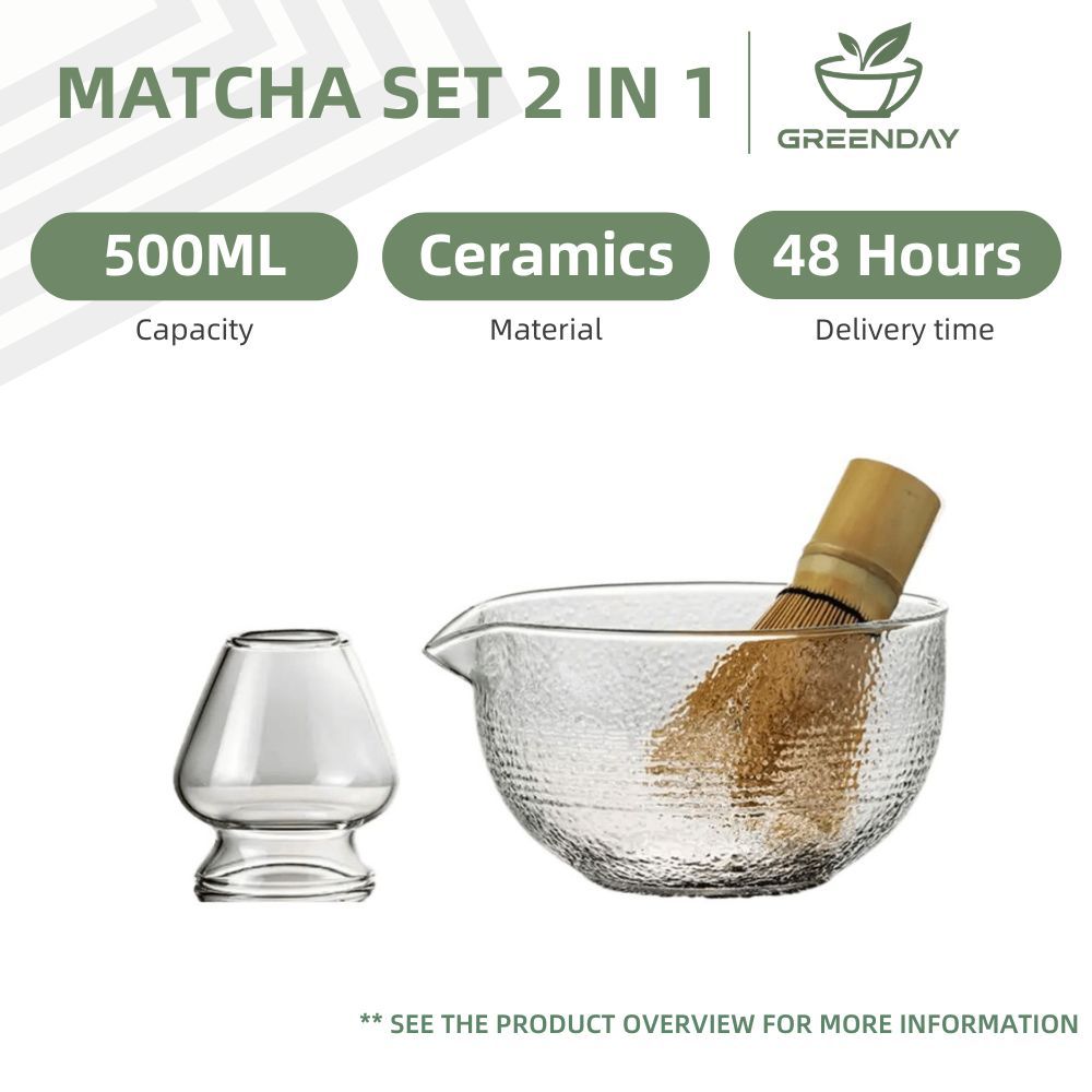 GREENDAY Bộ đánh trứng Matcha 2 trong 1 Nhật Bản, Bộ trà thủy tinh, Thủy tinh trong suốt Chawan Matc