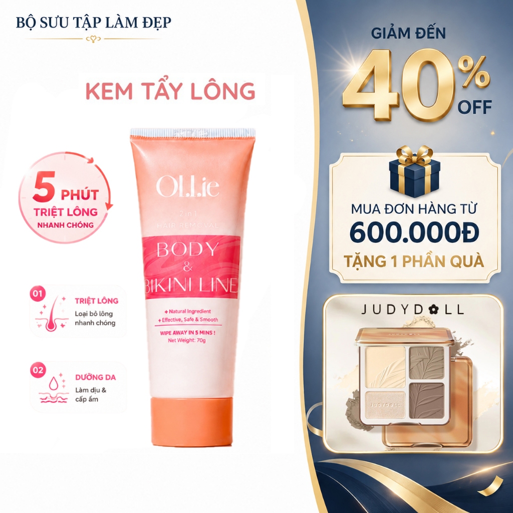 Kem tẩy lông và kem dưỡng ẩm Ollie dành cho vùng thân mật, nách, cánh tay và chân. An toàn, không đa