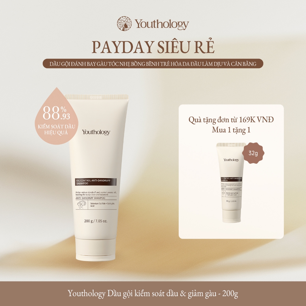 Youthology Dầu Gội Trị Gàu 200g - Kiểm Soát Dầu, Giảm Ngứa Da Đầu, Sạch Gàu, Thơm Lâu