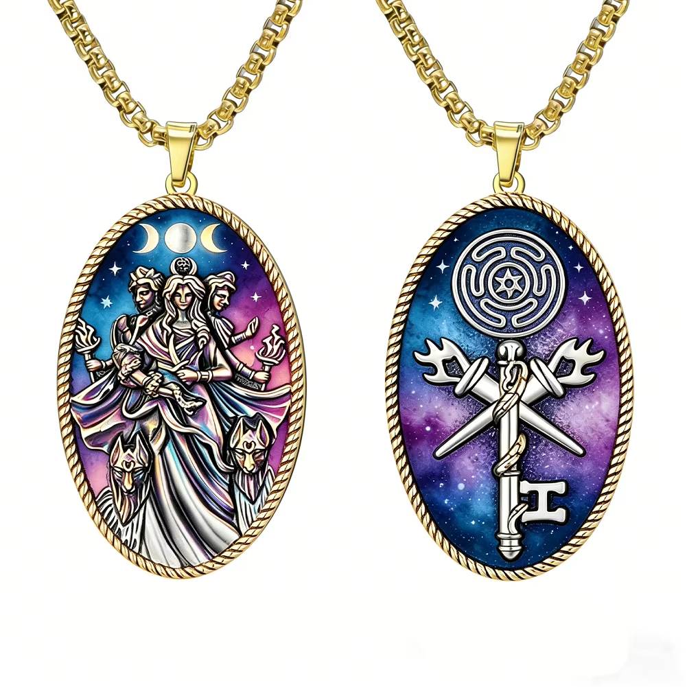 SKYRIM Ba Mặt Trăng Nữ Thần Hecate Mặt Dây Chuyền Vòng Cổ Vintage Hekate Bùa Hộ Mệnh Phù Thủy Wiccan
