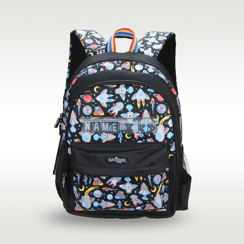Úc Smiggle Chính Hãng Trẻ Em Schoolbag Bé Trai Ba Lô Phi Hành Gia Đen Hoạt Hình Tên Lửa 14 Inch Túi 