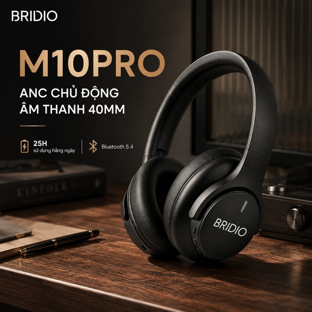 Tai Nghe Bluetooth Chụp Tai BRIDIO M10 PRO ANC Chống Ồn Chủ Động Âm Thanh Rõ Loa 40mm Pin 25H AUX Gậ