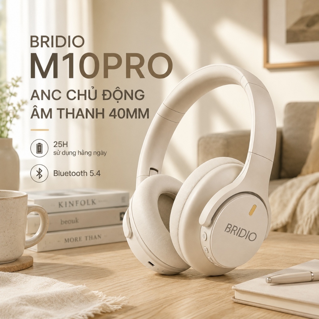 Tai Nghe Bluetooth Chụp Tai BRIDIO M10 PRO ANC Chống Ồn Âm Thanh Rõ Loa 40mm Pin 25H Đệm Tai Mềm Gập
