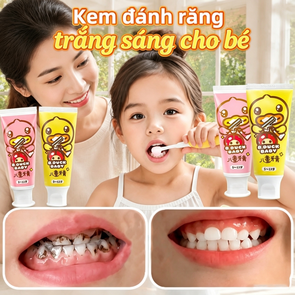 Kem đánh răng làm trắng răng B.Duck Kids dịu nhẹ giúp ngăn ngừa sâu răng mảng bám và răng ố vàng Sản