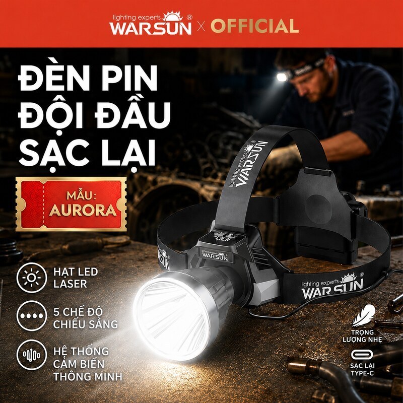 Đèn pin gắn đầu sạc siêu sáng WARSUN, phù hợp câu cá ban đêm