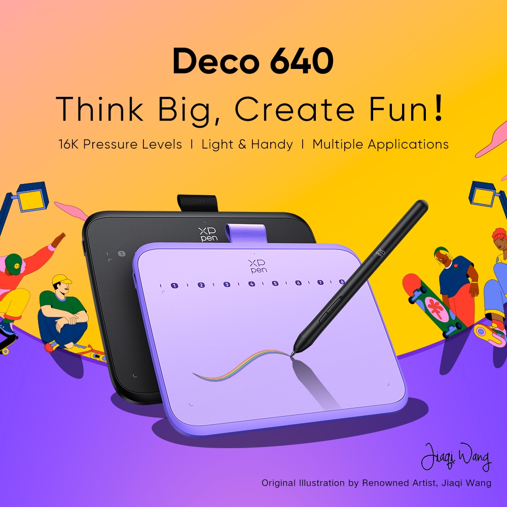 XPPen Deco 640 Máy tính bảng vẽ màu tím đen với 16384 mức áp suất Stylus, Công cụ tốt cho giáo viên 