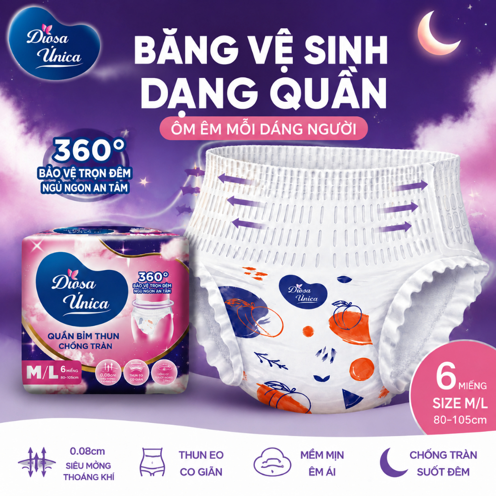 Diosa Unica Băng Vệ Sinh Dạng Quần, Băng Quần Ban Đêm Siêu Thấm Chống Tràn Size M/L