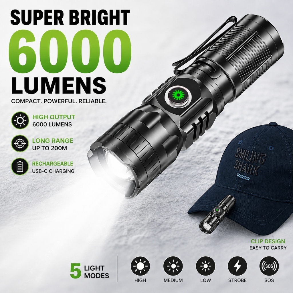 【6000LM】SMILING SHARK SD5028 Đèn pin mini siêu sáng Led M77 với Bút Clip USB Sạc Zoomable Không thấm