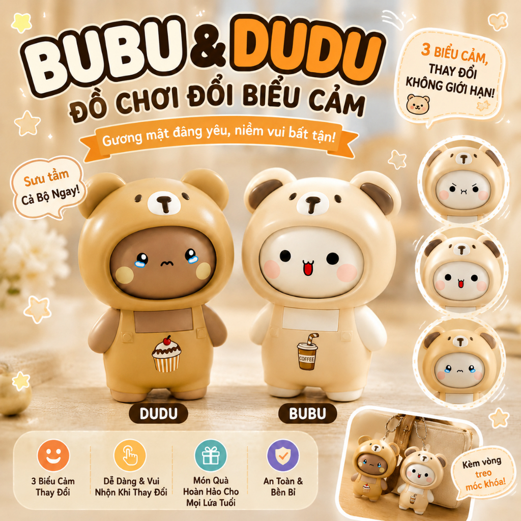 Móc khóa gấu mặt có thể thay đổi BUBUDUDU – 3 biểu cảm dễ thương, quyến rũ túi…