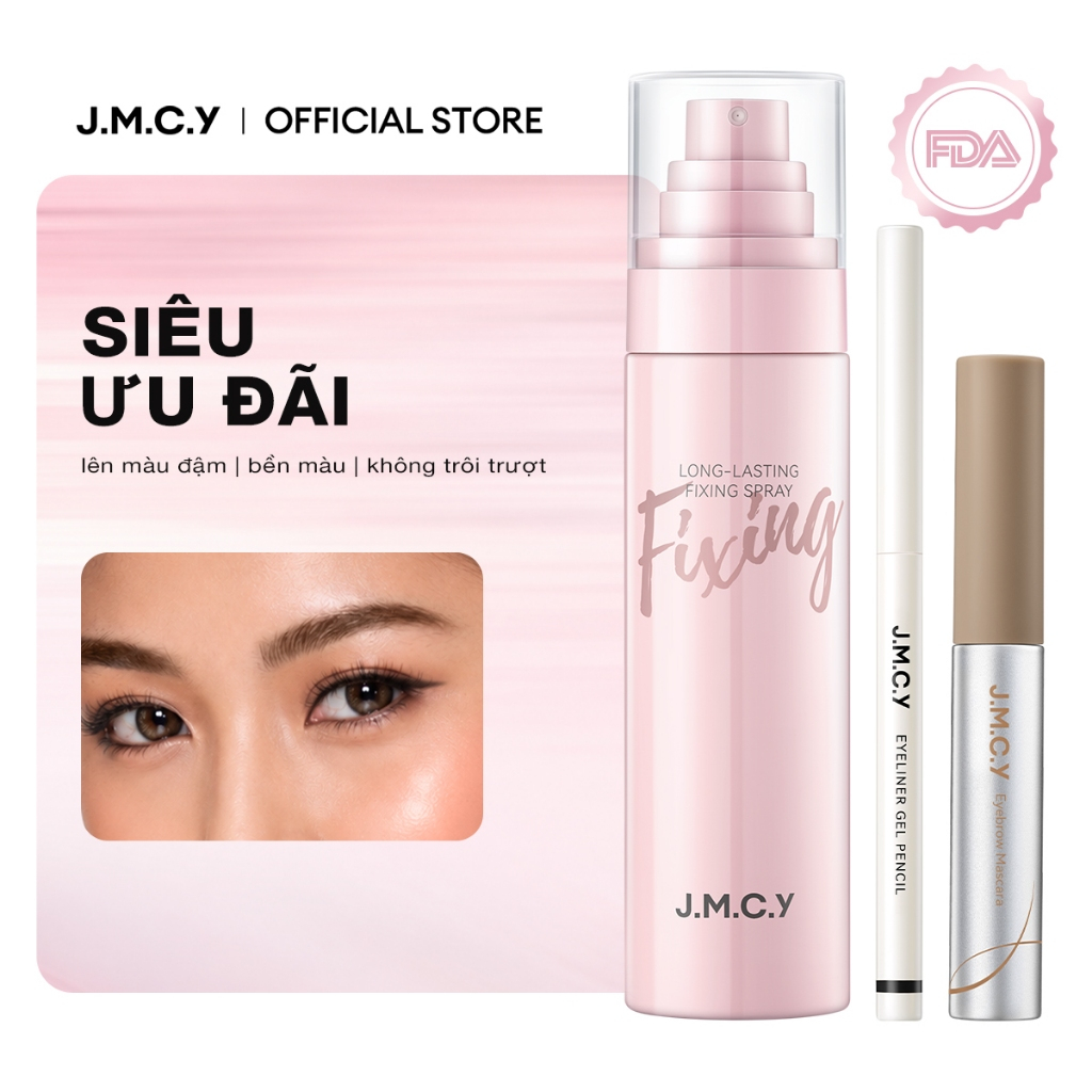 JMCY Bộ 3 Khoá Trang & Đôi Mắt | Xịt Khoá Trang Lâu Trôi, Bút Kẻ Mắt Mượt Mà, Mascara Mày Định Hình 