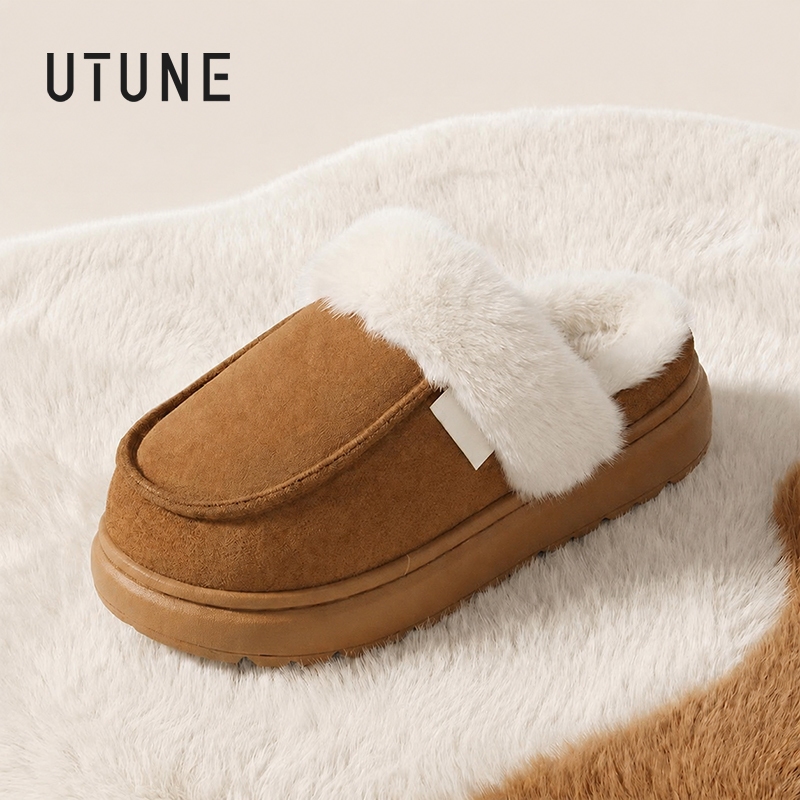 UTUNE Dép Sục Lót Lông Giữ Ấm Mũi Kín Da Lộn, Đế EVA Dày 3cm Mềm Nhẹ Chống Trượt, Dép Lười Êm Chân