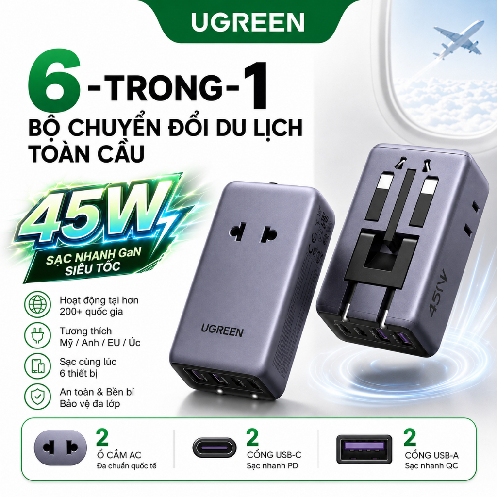 Bộ chuyển đổi du lịch đa năng UGREEN PD 45W Phích cắm EU / UK / US / AU Thiết kế siêu mỏng GaN nhỏ h