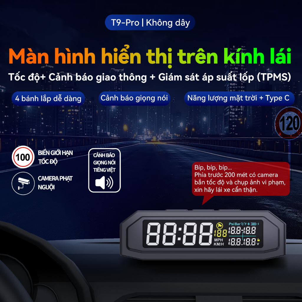 Màn hình hiển thị HUD T9 kết hợp cảm biến áp suất lốp ô tô, chức năng cảnh báo giao thông, hiển thị 