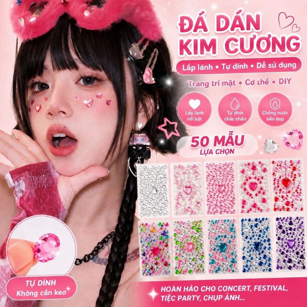 Đá Dán Mặt Makeup 3D Sẵn Keo, Sticker Đính Mặt Mắt Tóc Body Lấp Lánh, Concert Lễ Hội Cosplay