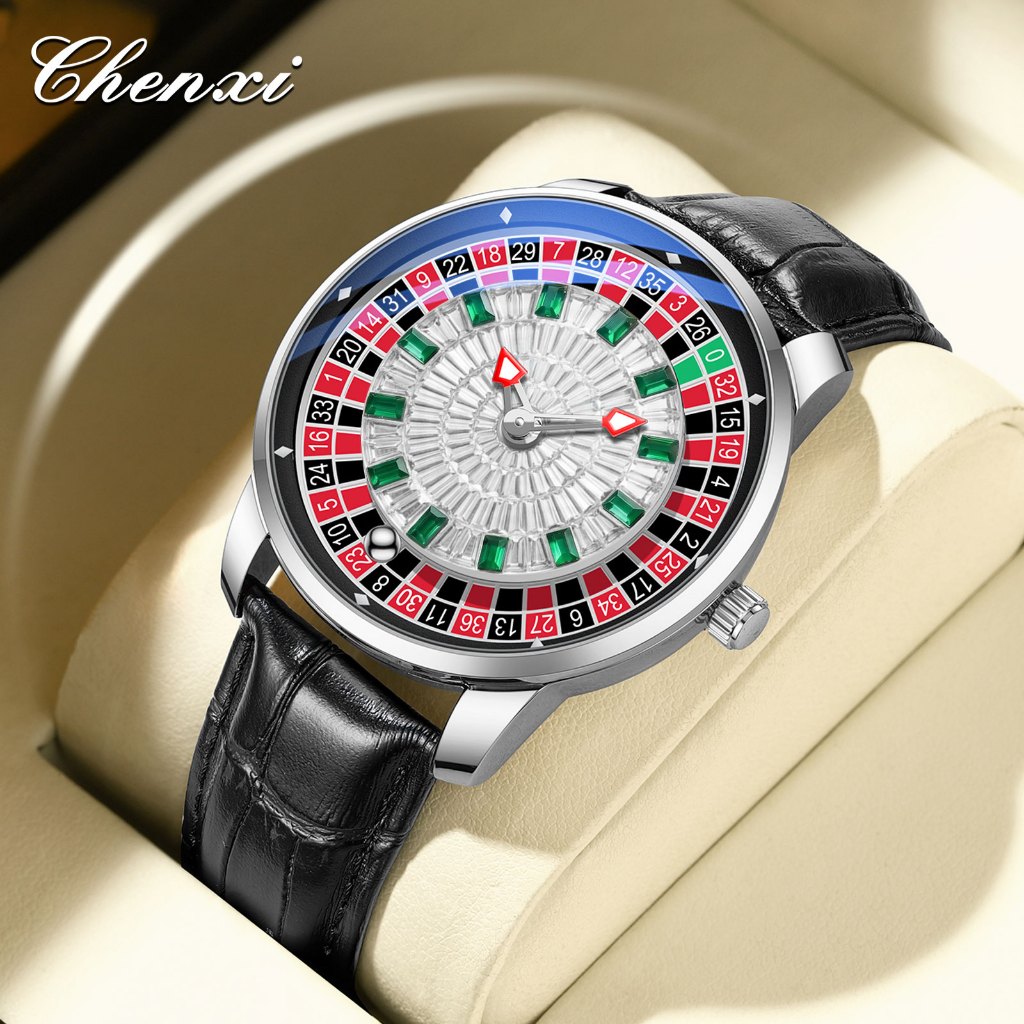 Sáng Tạo Bánh Xe Roulette Nam Đồng Hồ Thiết Kế Trò Chơi Casino Mặt Số Màu Đen Cá Sấu Da Dây Đeo Đồng