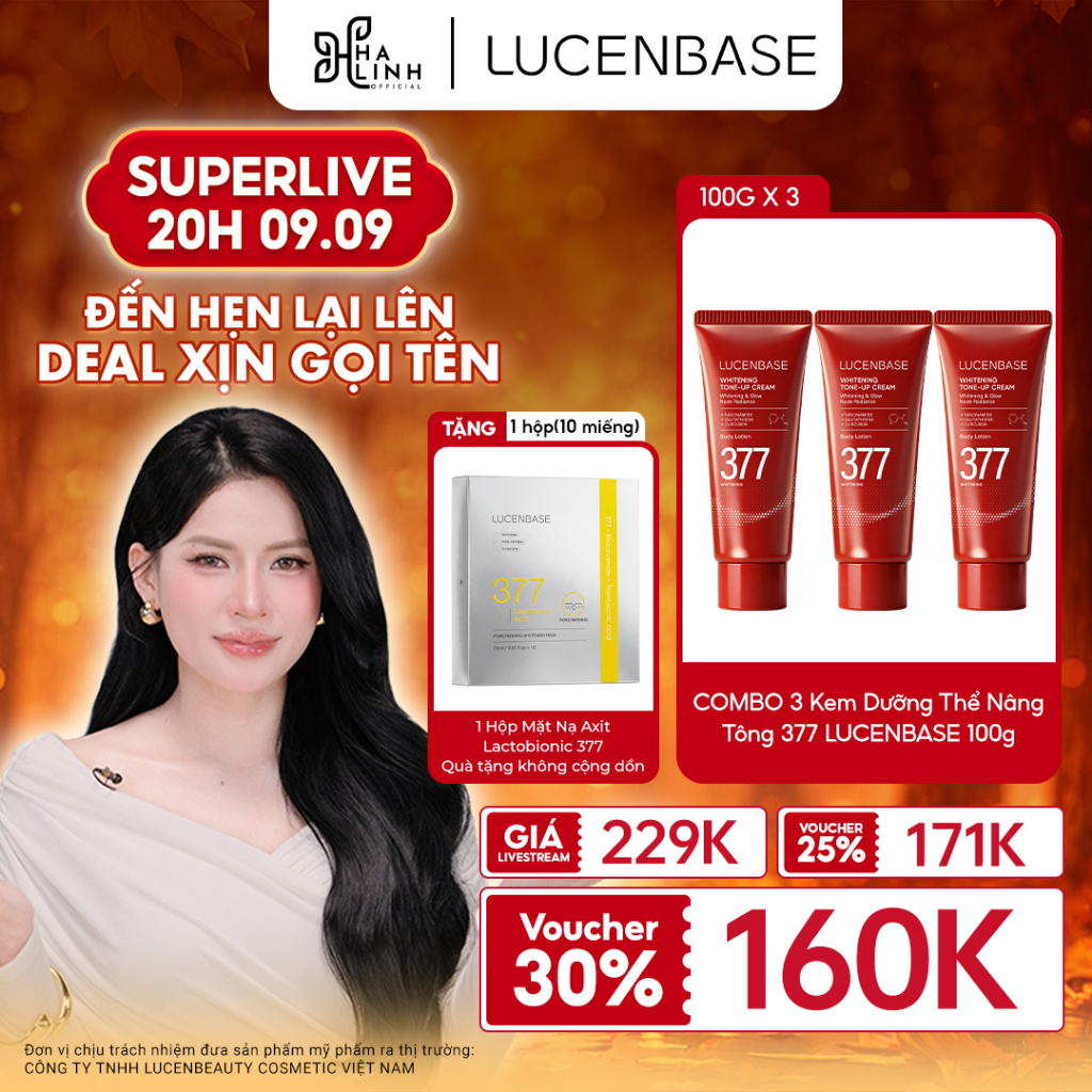 [Võ Hà Linh x LUCENBASE] Kem Dưỡng Thể Nâng Tông 377 LUCENBASE (Bộ 3 Tuýp) + Tặng 1 Hộp Mặt Nạ Axit 