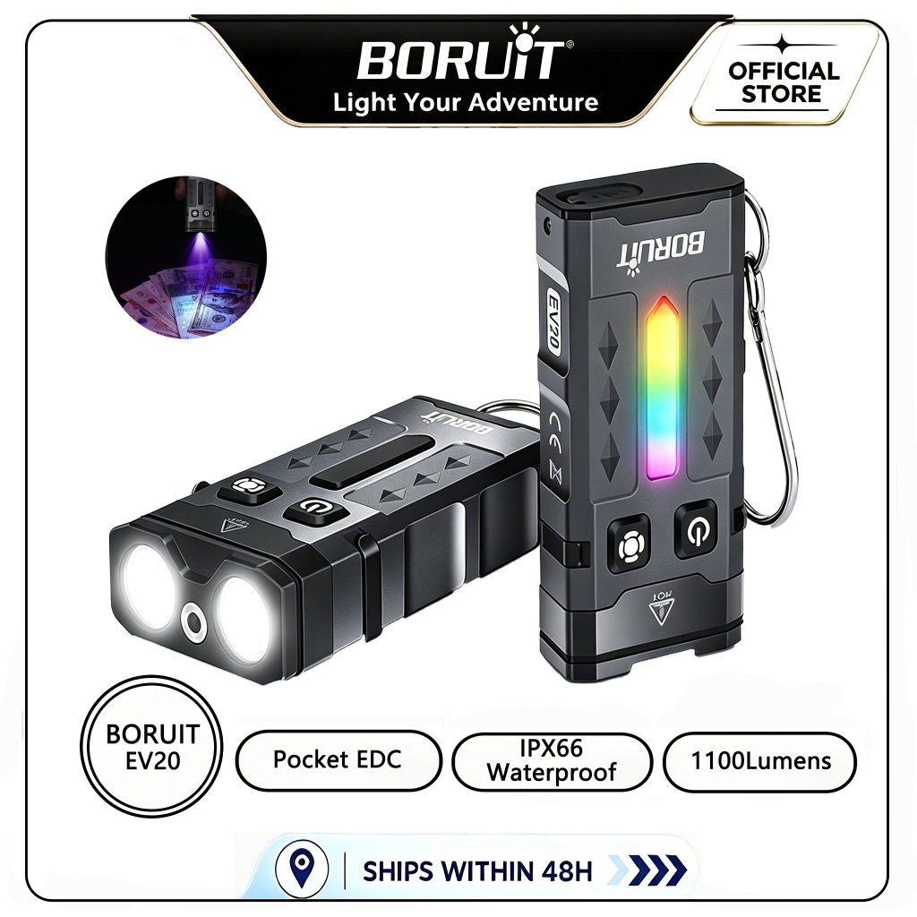 BORUiT EV20 EDC Móc Khóa Đèn Pin 1100LM Với Đèn UV / RGB Đèn Pin Sạc Chống Nước Có Nam Châm Cho Cắm 