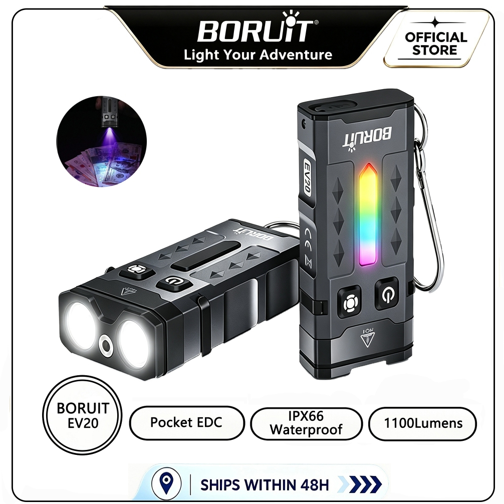 Đèn pin BORUIT EV20 EDC 1100LM 365nm Đèn chiếu sáng bên UV RGB Đèn làm việc từ tính IP66 Loại chống 