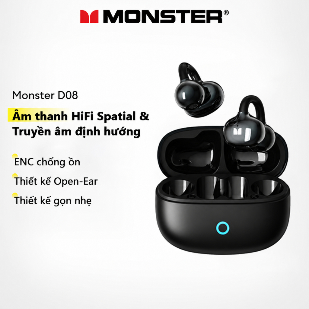 Tai nghe nhét tai mở Monster D08 và kẹp tai không dây với âm thanh không gian HiFi và âm thanh định 